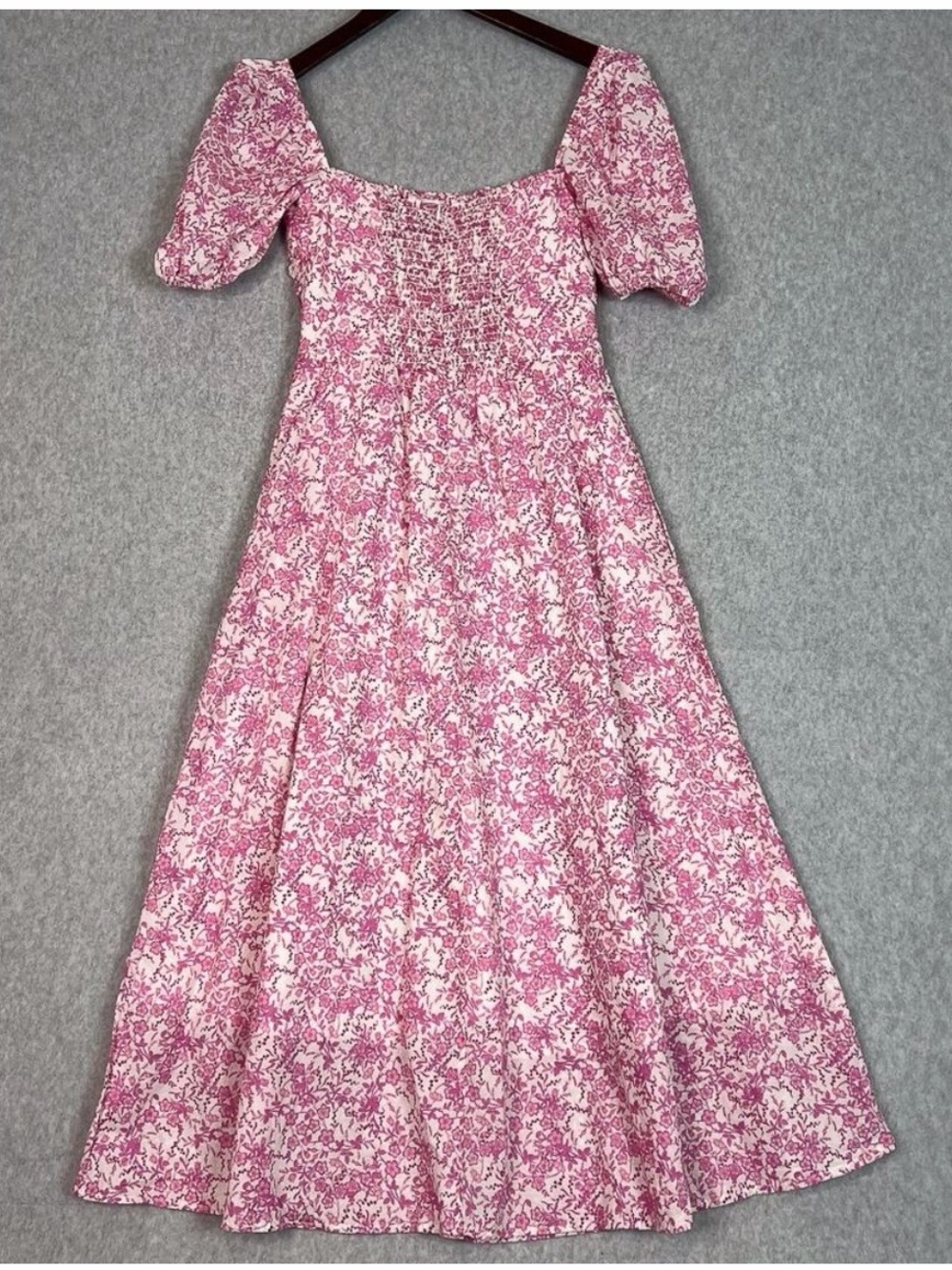 Pink Floral Square-Neck Midi Dress with Puff Sleeves - Picture 5 of 7